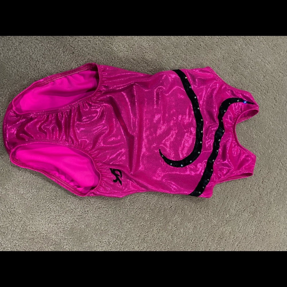 pink and black swirl gk leotard with gemstones